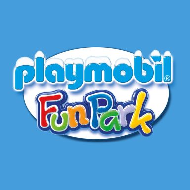 Logo des Playmobil FunPark mit buntem, verspieltem Schriftzug auf blauem Hintergrund.